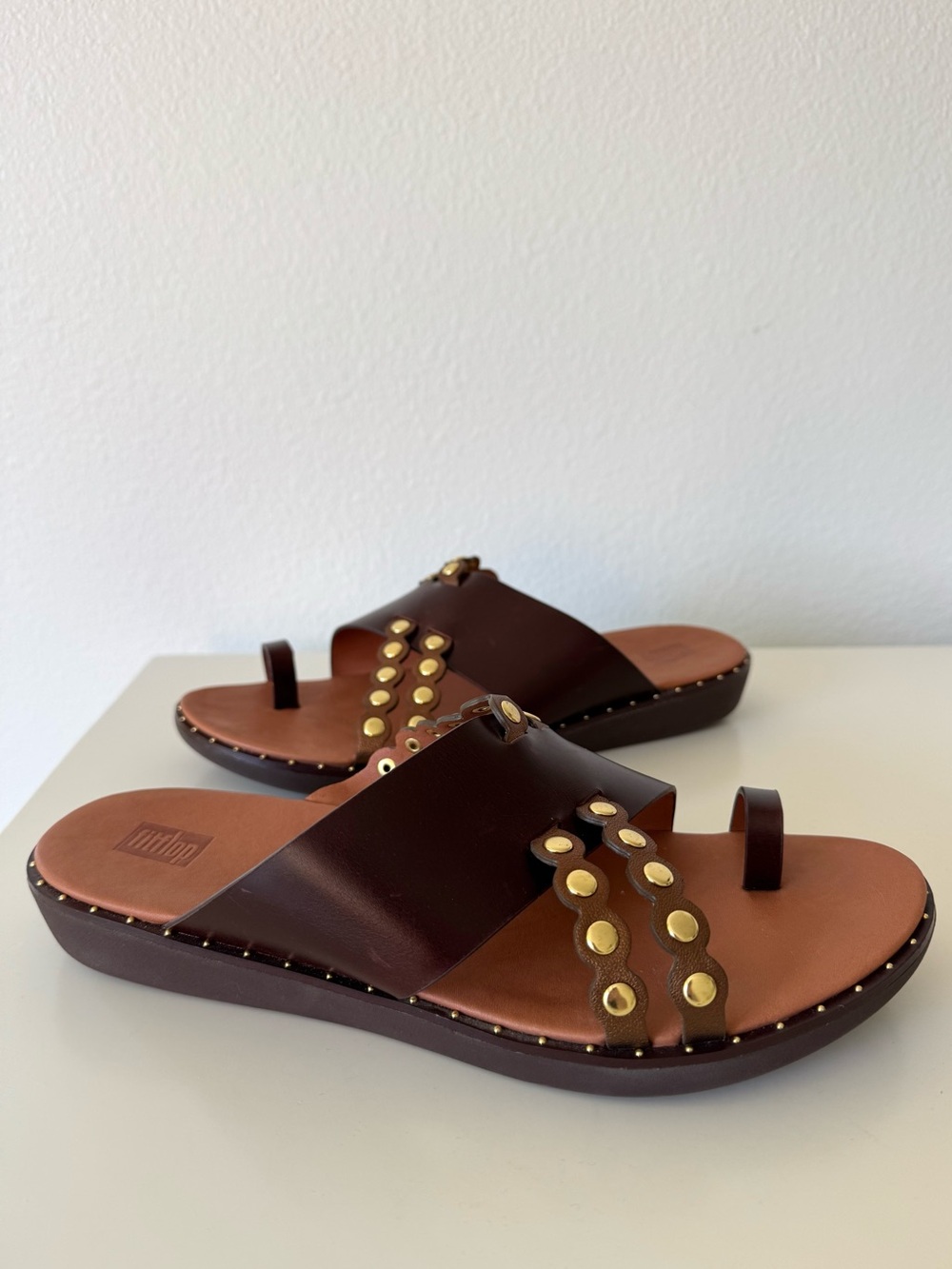 Fitflop Brown Leather Slide Sandals with Gold Studs 9